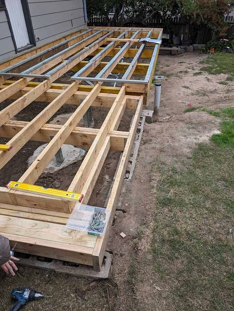 Timber deck framing during construction