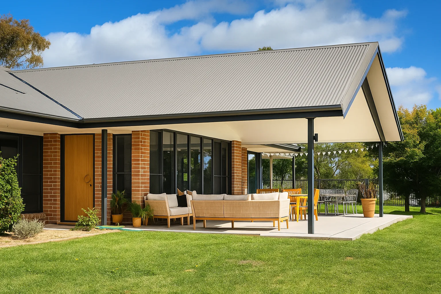 Completed Chandolin Construction home with brickwork, timber front door and a covered outdoor living area